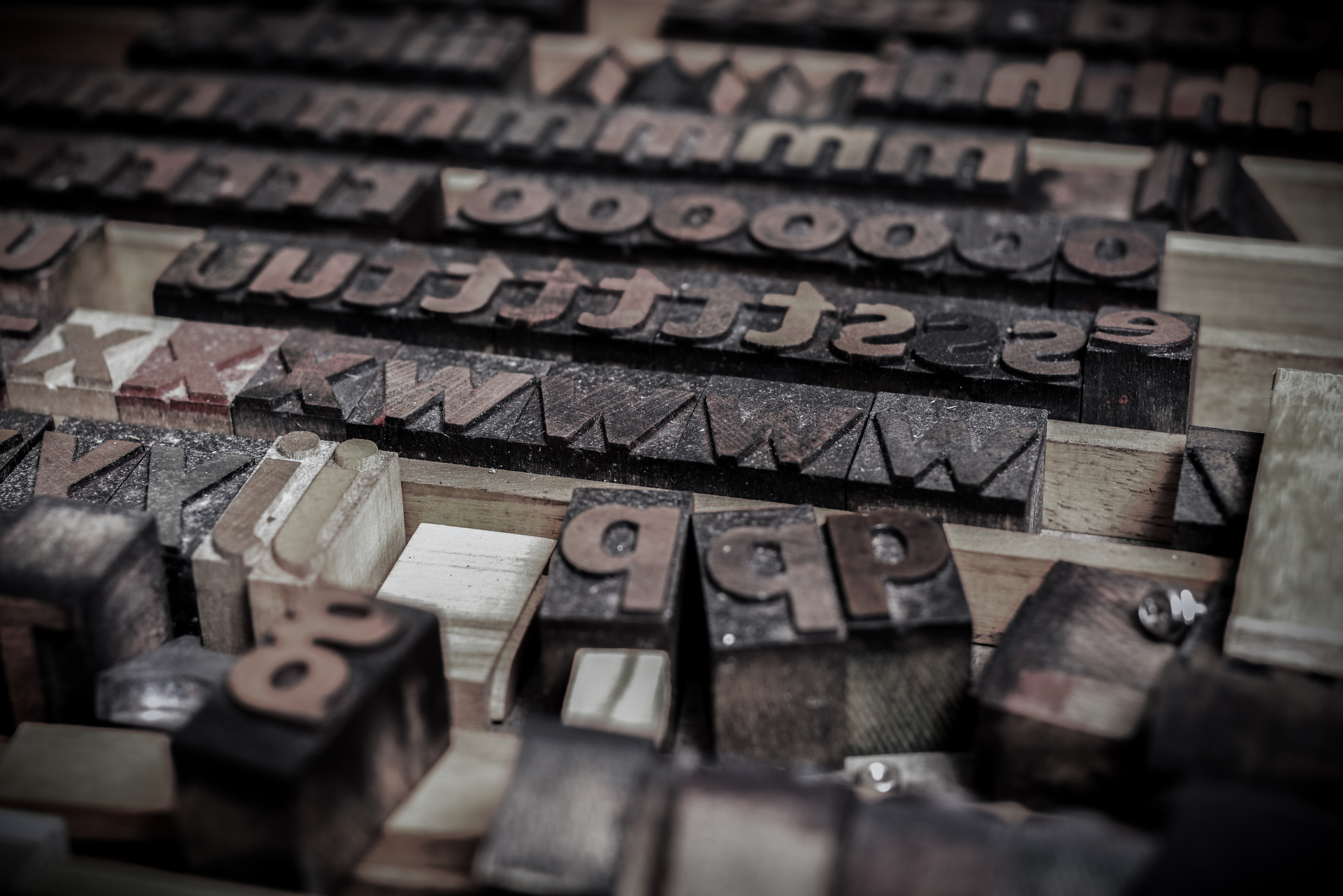 wooden letters blocks from old letterpress alphabet used for typesetting